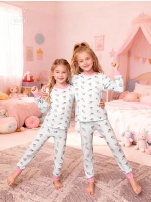 NiCe İç Giyim Kız Çocuk Pamuklu Uzun Kollu Pijama Takımı - Sevimli Kız Desenli, Açık Mavi Pembe