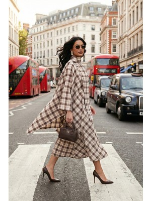 Lela Ekoseli Pamuklu Oversize Fit Fular Yakalı Panço Bayan Panço 6925472