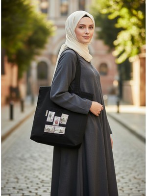 Bordglow Siyah Cepli Bez Çanta Gabardin Plaj Çantası Büyük Boy Günlük Omuz Çantası Kalın Kumaş Tote Bag