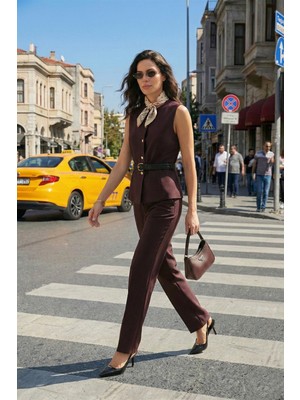 Lela Regular Fit Düğme Kemer Detaylı Yelekli Takım Bayan Takım 6928891