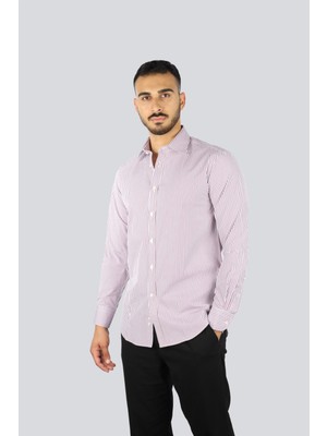 Paul & Shark Erkek Slim Fit Çizgi Desenli Pamuklu Uzun Kollu Mavi-Kırmızı Gömlek 25413060CF-V91