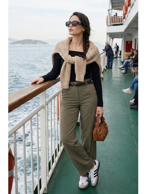 Lela Wide Leg Yüksek Bel Kıvırma Detaylı Bol Paça Kemerli Pantolon Bayan Pantolon 6923841