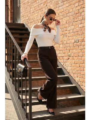 Lela Wide Leg Yüksek Bel Kıvırma Detaylı Bol Paça Kemerli Pantolon Bayan Pantolon 6923841