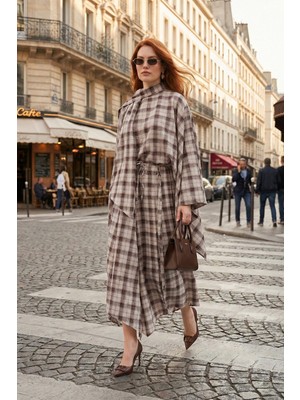 Lela Pamuklu Relaxed Fit Asimetrik Kareli Midi Etek Bayan Etek 6921284