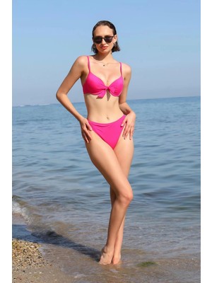 Veralya Moda Kadın Destekli Fiyonklu Alt Üst Fuşya Bikini Takım