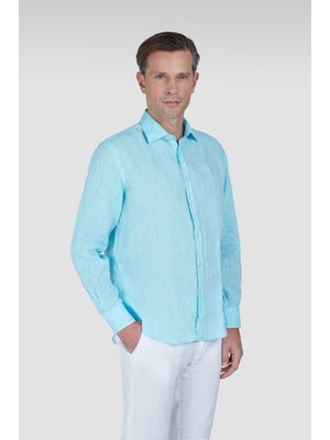 Paul & Shark Erkek Normal Kalıp %100 Keten Düz Uzun Kollu Açık Mavi Gömlek 25413006CF-524