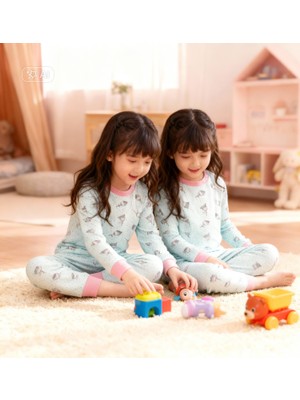 NiCe İç Giyim Kız Çocuk Pamuklu Uzun Kollu Pijama Takımı - Sevimli Kız Desenli, Açık Mavi Pembe