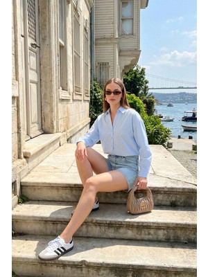 Lela Çizgili Oversize Fit Klasik Yaka Uzun Kollu Gömlek Bayan Gömlek 6925437