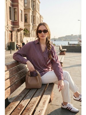 Lela Çizgili Oversize Fit Klasik Yaka Uzun Kollu Gömlek Bayan Gömlek 6925437