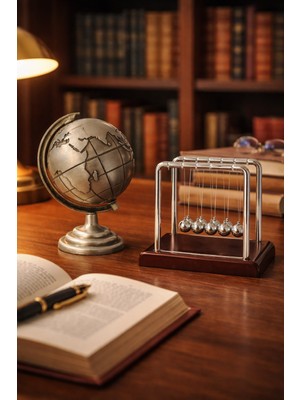 Deco Elit 2'li Set Gri Metal Dünya Küresi ve Küçük Denge Topu – Masaüstü Süs Ofis ve Ev Dekoru Hediyesi