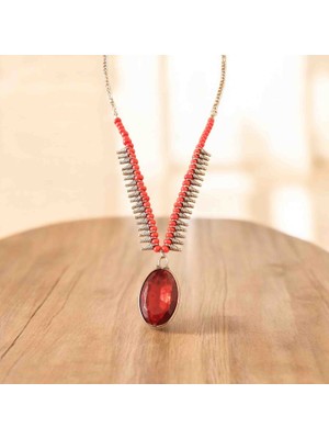 Lal Dizayn Boncuk Kolye - El Yapımı - Bohem Kadın Aksesuar