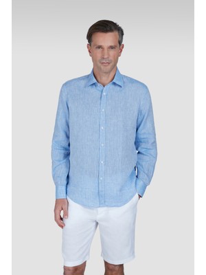 Paul & Shark Erkek Normal Kalıp %100 Keten Düz Uzun Kollu Mavi-Beyaz Gömlek 25413006CF-080