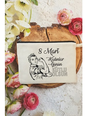Pekshop Kadının Gücü Tasarım 8 Mart Kadınlar Günü Hediyesi Astarlı Makyaj Çantası Clutch Çanta