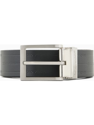 Emporio Armani Erkek Hakiki Deri Üsüne Kabartma Logolu Metal Tokalı Siyah Kemer EM001772 AF15136-MC080