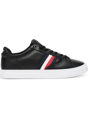 Tommy Hilfiger Erkek Bayrak Logolu Düz ve Rahat Taban %100 Deri Siyah Sneaker FM0FM05628-BDS