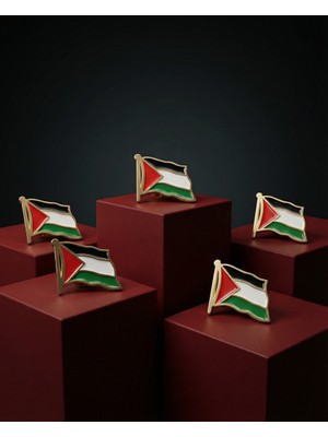 Zaytoon 5\'lu Filistin Bayarğı Simgesi Altın Renkli Özel Tasarımlı Unisex Yaka Rozeti A300006-05