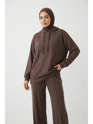 Miostil Kapşonlu Ön Parçalı Pantolonlu Takım-Kahve