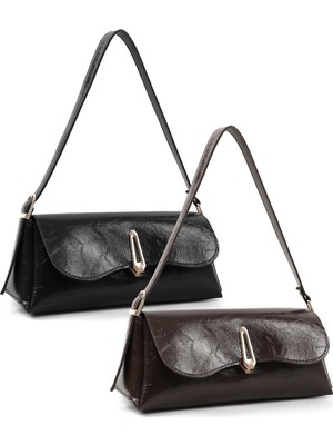 SHAKA Kırışık Dokulu Siyah/kırışık Dokulu Kahverengi SHK305 Set Suni Deri, 2'li El, Kol ve Omuz Çantası