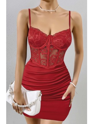 AmorLuxe Kadın Kırmızı Transparan Karın ve Dantel Detaylı Gece Kıyafeti 5150
