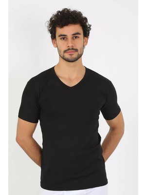 Veralya Moda Erkek Likralı V Yaka Siyah T-Shirt