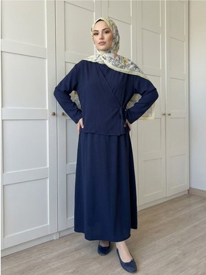 Miostil Yan Bağlamalı Ikili Elbise-Lacivert