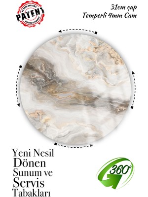 UltraMint Beyaz Mermer Desenli Dönen Servis ve Sunum Tabağı, Peynir ve Atıştırmalıklar Için