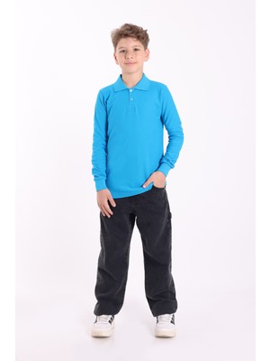 Re&Gi Rekor Unisex Çocuk Polo Yaka Okul Tişört Basic Uzun Kollu T-Shirt 5-16 Yaş