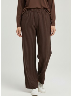 Miostil Bol Paça Çizgili Keten Pantolon-Kahve
