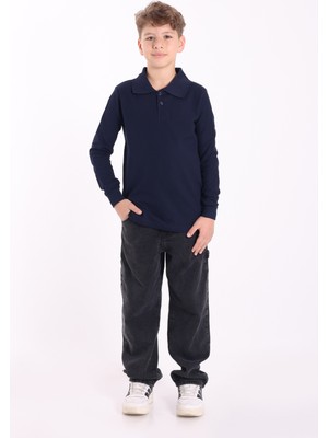 Re&Gi Rekor Unisex Çocuk Polo Yaka Okul Tişört Basic Uzun Kollu T-Shirt 5-16 Yaş