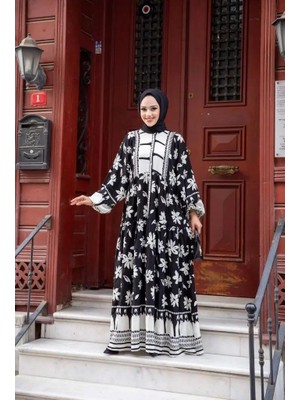 Tesettür Diyarı Oversize Viskon Desenli Tesettür Elbise- Siyah Standart (36-44 Beden Uyumlu)