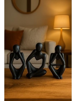 Storemax Ev & Ofis Dekoru – Siyah 3’lü Insan Figürü Seti | El Yapımı Minimalist Heykel Takımı