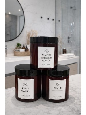 AY&ÇA Home 3'lü Amber Banyo Düzenleyici 500 ml Kutular Pamuk, Makyaj Temizleme Pamuğu, Kulak Pamuğu Etiketli