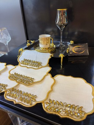 UltraMint Gold Taşlı Beyaz 6'lı Sunum ve Kokteyl Peçetesi Seti