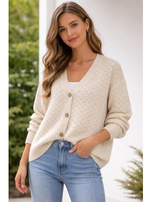 Bayan Hırka Kazak V Yaka Dügmeli Hırka Bej