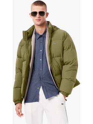 Lacoste Relaxed Fit Down Fill Mens Jacket Gizlenebilir Kapüşonlu Rahat Kesim Suya Dayanıklı Erkek Kaz Tüyü Mont Haki