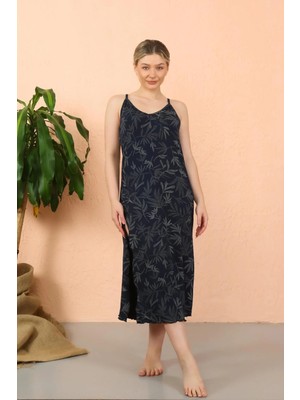 Veralya Moda Kadın Ip Askılı Yırtmaçlı Uzun Lacivert Gecelik