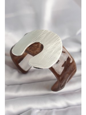 TrentCo Kahverengi Mermer Desen Akrilik Plastik Gümüş Plaka Model Vintage Kadın Bilezik - Lisinya