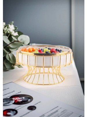 UltraMint Autumn Gold Detaylı Hayat Ağaç Desenli Metal Standlı Meyve Sunum Kasesi