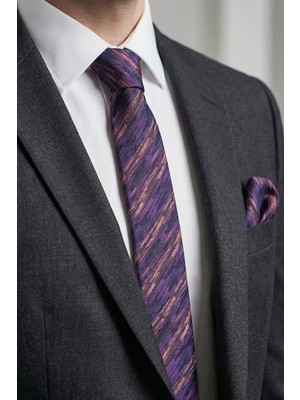 Milleniva Slim Çizgili Mor Kravat & Mendil