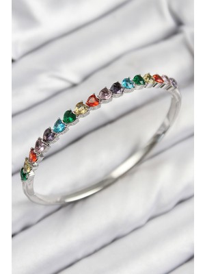 TrentCo Pirinç Renkli Zirkon Taşlı Kalp Model Gümüş Renk Kadın Kelepçe - Lisinya