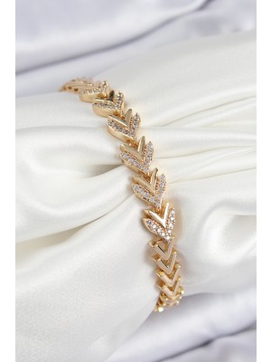 TrentCo Pirinç Zirkon Taşlı Sıralı Ok Model Gold Renk Kadın Bileklik - Lisinya