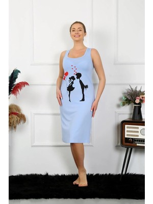 Veralya Moda Kadın Kalın Askılı Penye Uzun Mavi Gecelik