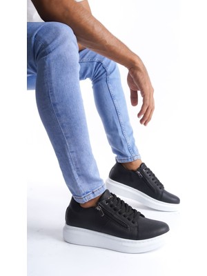 Zapatos SLW155 Warrior Bağcıklı ve Fermuarlı Cilt Erkek Günlük Sneaker Ayakkabı Cbt - Siyah