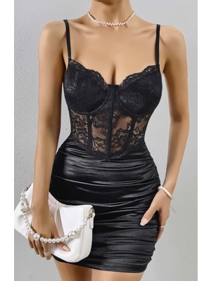 AmorLuxe Kadın Siyah Zarif Kolsuz Elbise Seksi Dantelli Çiçek Desenli Fantezi Elbise 5149