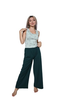 Veralya Moda Kadın Kalın Askılı Body Bol Paça Pantolon 2`li Takım Su Yeşili