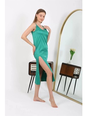 Veralya Moda Yırtmaçlı Uzun Saten Gecelik Zümrüt
