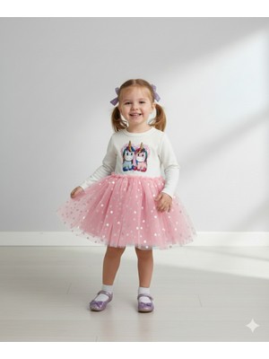 Dudese Kız Çocuk Unicorn Baskılı Kalpli Tütü Prenses Elbise - Pembe