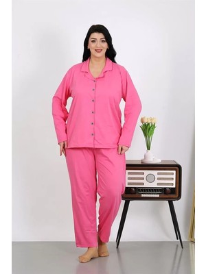Veralya Moda Kadın Büyük Beden Pamuklu Cepli Düğmeli Pembe Pijama Takım