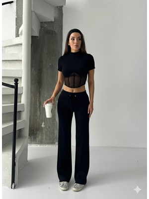 Kadın Siyah Tül Detaylı Bol Paça Takım