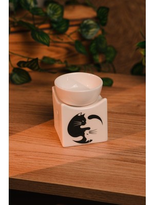 Love Bundles Beyaz Kedi Tasarımlı Seramik El Yapımı Buhurdanlık | Mumluk | Dekoratif (1 ADET TEALİGHT MUM ILE)